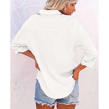 siliteelon Womens Button Down Shirts Cotton Dress Shirts Long Sleeve Blouses V Neck Solid Casual Tun...