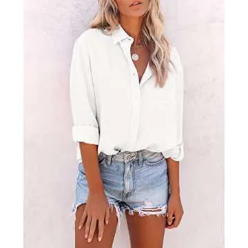 siliteelon Womens Button Down Shirts Cotton Dress Shirts Long Sleeve Blouses V Neck Solid Casual Tunics Tops with Pockets - White M