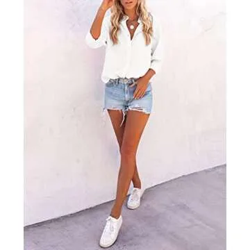 siliteelon Womens Button Down Shirts Cotton Dress Shirts Long Sleeve Blouses V Neck Solid Casual Tunics Tops with Pockets - White M