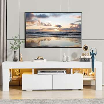 JUMMICO TV Stand, Modern Lighting TV Cabinet Entertainment Center Media and Open Shelf, TV Console T...