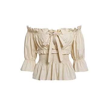 Miessial Women's Off Shoulder Ruffle Blouse Lace Up Smocked Waist Casual Top Shirts Beige 10