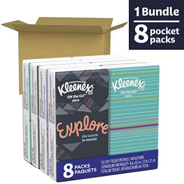 Kleenex Trusted Care Facial Tissues, 8 On-The-Go Travel Packs, 10 Count (Pack of 16)