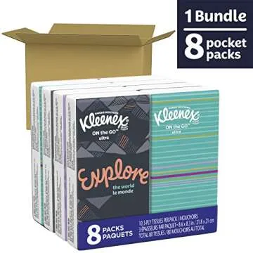 Kleenex Trusted Care Facial Tissues, 8 On-The-Go Travel Packs, 10 Count (Pack of 16)