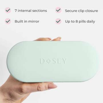 Dosey 7 Day Pill Compact Travel Pill Organizer - Pill Case with 7 Pill Compartments for Medicine Storage & Protection – Stylish & Elegant Medication Organizer with Mirror, Sage