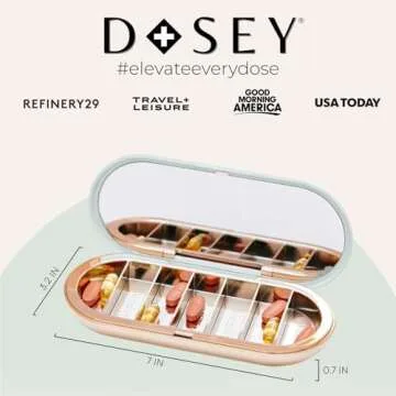 Dosey 7 Day Pill Compact Travel Pill Organizer - Pill Case with 7 Pill Compartments for Medicine Storage & Protection – Stylish & Elegant Medication Organizer with Mirror, Sage