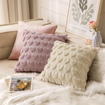 MIULEE Set of 2 Beige Valentines Pillow Covers Heart Love Decorative Cute Throw Pillows 18x18 Inch Soft Plush Faux Wool Farmhouse Couch Pillowcase for Girl Women Gift Spring Sofa Livingroom Bed