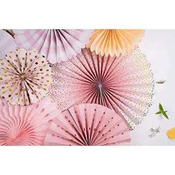 PapaKit Origami Wall Decoration Set (8 Assorted Round Paper Fans) Birthday Party Baby Shower Wedding Events Decor | Creative Art Design Pattern (Sparkling Pink Rose Blush, 8 Piece Set)