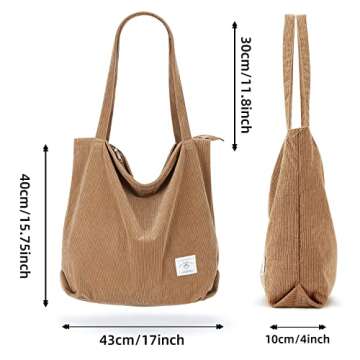 KALIDI Women Corduroy Tote Bag Casual Tote's Handbag Big Capacity Shoulder Bag with Pockets Zippers (Khaki)