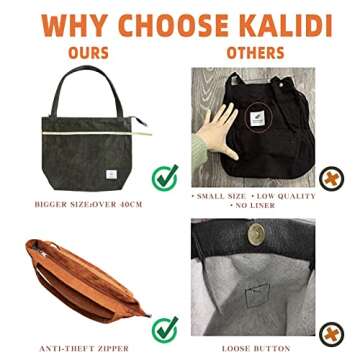 KALIDI Women Corduroy Tote Bag Casual Tote's Handbag Big Capacity Shoulder Bag with Pockets Zippers (Khaki)