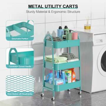 EAGMAK 3 Tier Utility Rolling Cart, Metal Storage Cart with Handle and Lockable Wheels, Multifunctio...