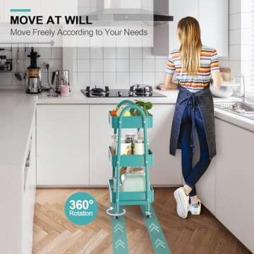 EAGMAK 3 Tier Utility Rolling Cart, Metal Storage Cart with Handle and Lockable Wheels, Multifunctional Storage Organizer Trolley with Mesh Baskets for Kitchen, Living Room, Office, Garage (Turquoise)