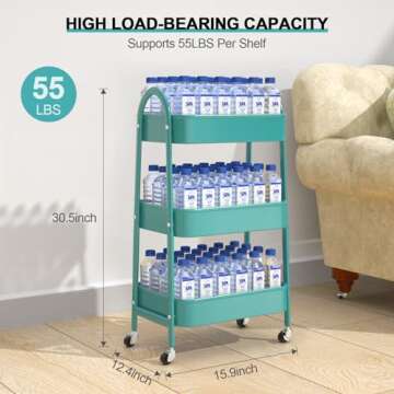 EAGMAK 3 Tier Utility Rolling Cart, Metal Storage Cart with Handle and Lockable Wheels, Multifunctional Storage Organizer Trolley with Mesh Baskets for Kitchen, Living Room, Office, Garage (Turquoise)