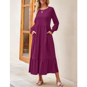 ZESICA Women's Spring Long Sleeve Dress Crewneck Casual Loose Pleated Tiered Swing Midi Dresses with Pockets,Plum,Small