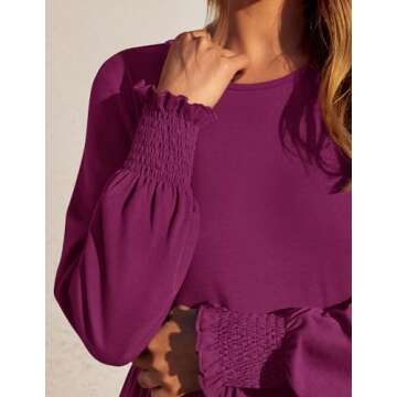 ZESICA Women's Spring Long Sleeve Dress Crewneck Casual Loose Pleated Tiered Swing Midi Dresses with Pockets,Plum,Small