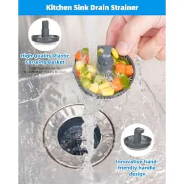 Hibbent 3 in 1 Kitchen Sink Drain Strainer and Stopper Combo with Chrome Finish and Anti-Clogging Ba...