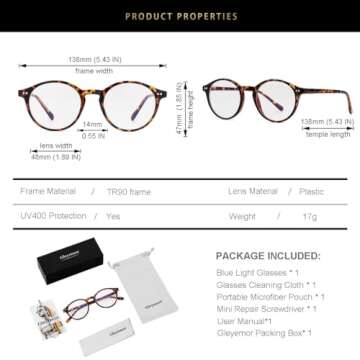 Gleyemor Blue Light Glasses for Men Women, Vintage Round Bluelight Blocking Computer Screen Protection Glasses (Tortoise)