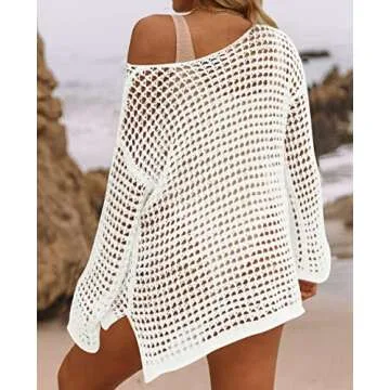ZESICA Women's 2025 Summer Crochet Hollow Out Long Sleeve Beach Bikini Swimsuit Mesh Cover Up Tunic Top,Apricot,Large