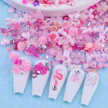 Sinyanail 300pcs Nail Art Charms Kit,Over 100pcs Mixshape Resin Nail Gems and 100 pcs Mixed Flatback Nail Rhinestones Pearls with Over 100pcs Nail Sequins for Nail Art Accessories (Pink)