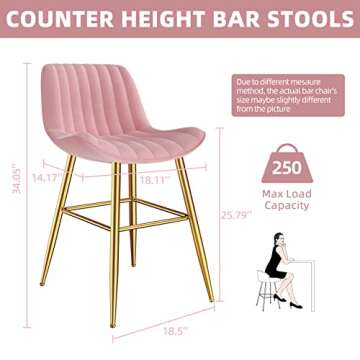 Sucrever Pink 24" Bar Stools Set of 4, Bar Chairs Velvet Counter Height Bar Stools with Back Gold Me...
