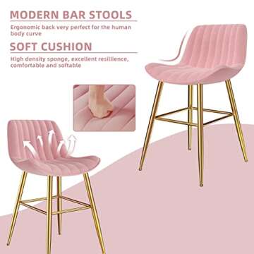 Sucrever Pink 24" Bar Stools Set of 4, Bar Chairs Velvet Counter Height Bar Stools with Back Gold Metal Legs&Footrest, Modern Bar Stools BarStools for Kitchen Counter Bistro Pub