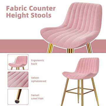Sucrever Pink 24" Bar Stools Set of 4, Bar Chairs Velvet Counter Height Bar Stools with Back Gold Metal Legs&Footrest, Modern Bar Stools BarStools for Kitchen Counter Bistro Pub