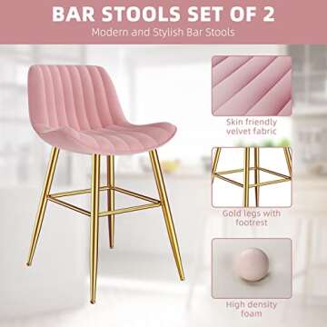 Sucrever Pink 24" Bar Stools Set of 4, Bar Chairs Velvet Counter Height Bar Stools with Back Gold Metal Legs&Footrest, Modern Bar Stools BarStools for Kitchen Counter Bistro Pub