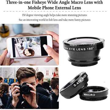 3 in 1 Cell Phone Camera Lens Kit Wide Angle Macro Fisheye Lens Universal for Smart Phones iPhone Samsung Android Black