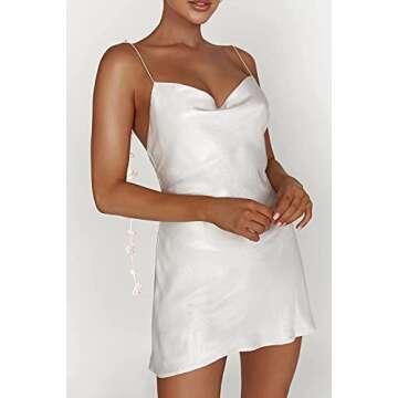 Sexy Backless Spaghetti Strap Satin Dress for Women Bodycon Party Club Night Going Out Cocktail Mini Y2k Dresses (Fringe Flower White,Medium)