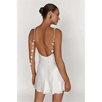 Sexy Backless Spaghetti Strap Satin Dress for Women Bodycon Party Club Night Going Out Cocktail Mini Y2k Dresses (Fringe Flower White,Medium)