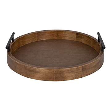 Kate and Laurel Lipton Modern Round Wood Tray, 15.5" Diameter, Rustic Brown with Black Handles, Deco...