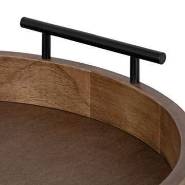 Kate and Laurel Lipton Modern Round Wood Tray, 15.5" Diameter, Rustic Brown with Black Handles, Decorative Accent Tray for Storage and Display