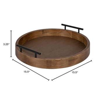 Kate and Laurel Lipton Modern Round Wood Tray, 15.5" Diameter, Rustic Brown with Black Handles, Decorative Accent Tray for Storage and Display