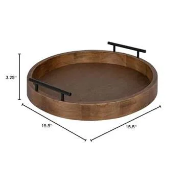 Kate and Laurel Lipton Modern Round Wood Tray, 15.5" Diameter, Rustic Brown with Black Handles, Decorative Accent Tray for Storage and Display