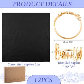 Sunnychicc 6 Set Eid Gold Napkin Rings and Cotton Napkins for Festive Table