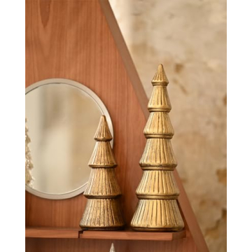 WONDROUS' DECO Wooden Christmas Tree Figurine, Tabletop Gold Tree Figurine, Set of 2 Desk Centerpieces for Christmas Decor