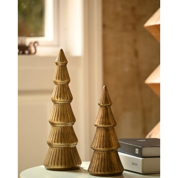WONDROUS' DECO Wooden Christmas Tree Figurine, Tabletop Gold Tree Figurine, Set of 2 Desk Centerpieces for Christmas Decor