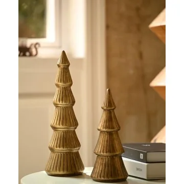 WONDROUS' DECO Wooden Christmas Tree Figurine, Tabletop Gold Tree Figurine, Set of 2 Desk Centerpieces for Christmas Decor