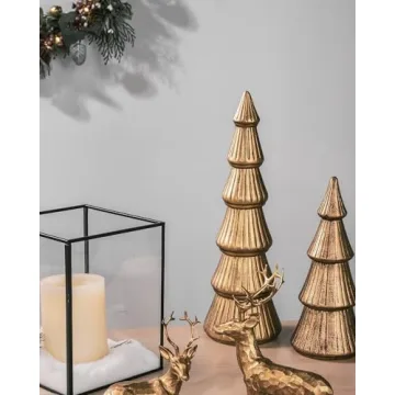 WONDROUS' DECO Wooden Christmas Tree Figurine, Tabletop Gold Tree Figurine, Set of 2 Desk Centerpieces for Christmas Decor