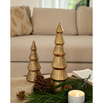 WONDROUS' DECO Wooden Christmas Tree Figurine, Tabletop Gold Tree Figurine, Set of 2 Desk Centerpieces for Christmas Decor