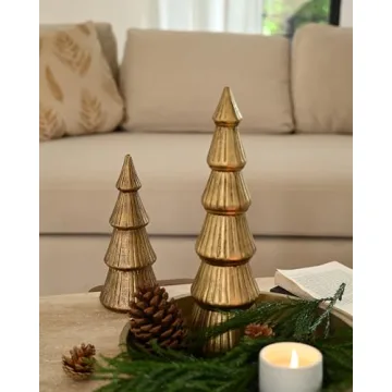 WONDROUS' DECO Wooden Christmas Tree Figurine, Tabletop Gold Tree Figurine, Set of 2 Desk Centerpieces for Christmas Decor