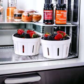 Ceramic Berry Basket 2 PACK, Round Fruit Bowl With Holes, Rustic Kitchen Colander, Stoneware Berry S...