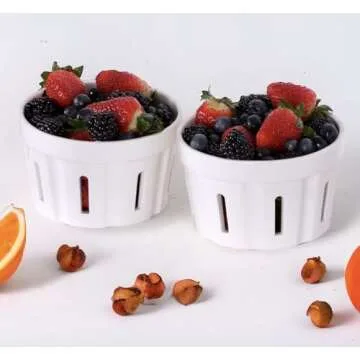 Ceramic Berry Basket 2 PACK, Round Fruit Bowl With Holes, Rustic Kitchen Colander, Stoneware Berry Strainer, Cute Farmhouse Fruit Basket, Perfect For Berries, Cherry, Strawberry, Grape, Tomato (White)