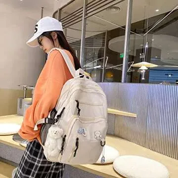 GAXOS Cute Aesthetic Backpack for School Middle Student Travel White Backpack Teens Girls Bear Pin Book Bags