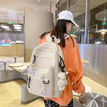 GAXOS Cute Aesthetic Backpack for School Middle Student Travel White Backpack Teens Girls Bear Pin Book Bags