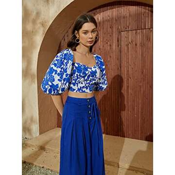 Floerns Women's Sweetheart Neck 3/4 Puff Sleeve Criss Cross Tie Back Blouse Crop Top Blue and White ...