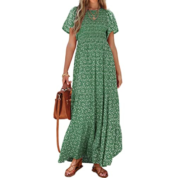 PRETTYGARDEN Women Casual Short Sleeve Crew Neck Fall Dress Bohemian Floral Flowy Maxi Dress Tiered ...