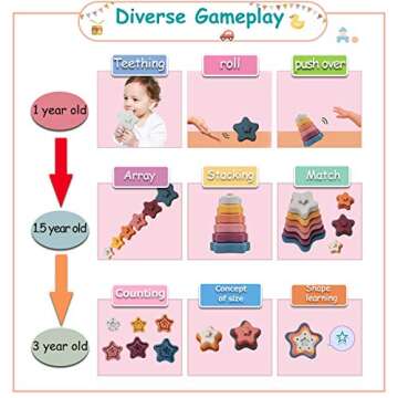 Promise Babe Stacking Toys,Silicone Stacking Rings Teething Toy with Star Shape,Soft Building Blocks,Montessori Early Educational Toy for 6 Month+ Boys & Girls(6Pcs)