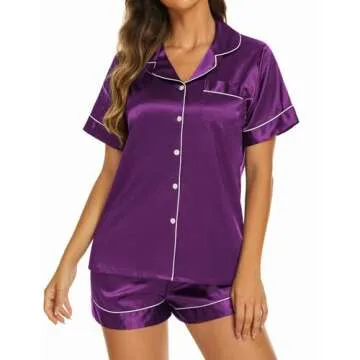 Ekouaer Silk Pajama Set for Women 2 Piece Short Sleeve Nightwear Button Down Notch Collar Sleepwear Satin Pjs Shorts Set,Purple,Medium