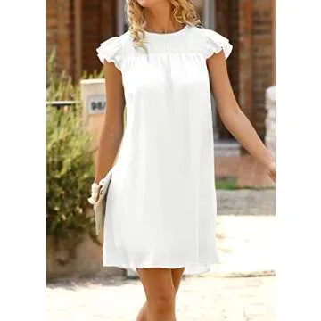 KIRUNDO Women Summer Shift Dress 2025 Casual Ruffle Cap Sleeve Smocked Crew Neck Loose Flowy Chiffon Mini Tunic Dresses(White, Small)