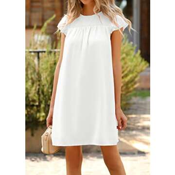 KIRUNDO Women Summer Shift Dress 2025 Casual Ruffle Cap Sleeve Smocked Crew Neck Loose Flowy Chiffon Mini Tunic Dresses(White, Small)